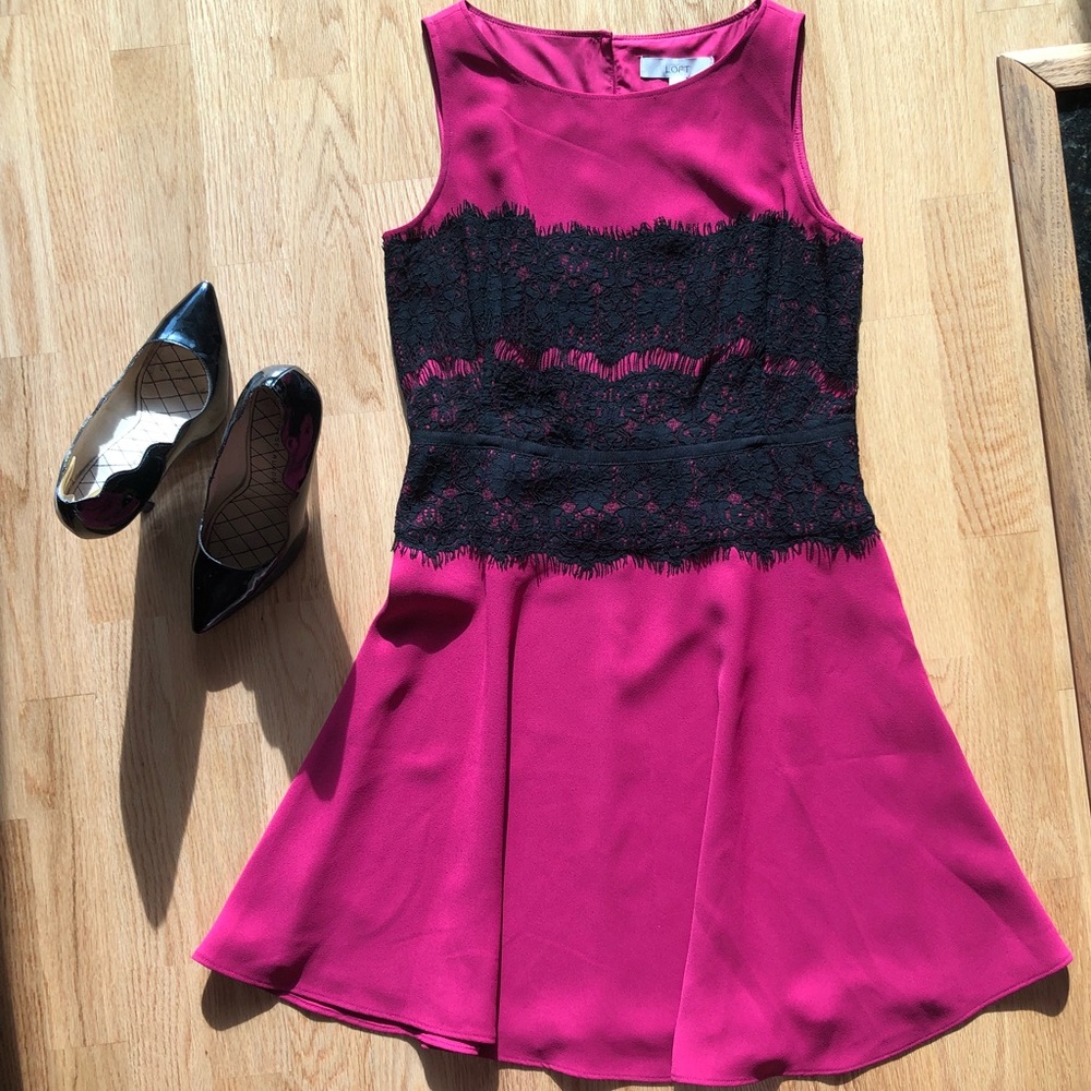 NWT Loft fucshia pink and black lace A-line dress